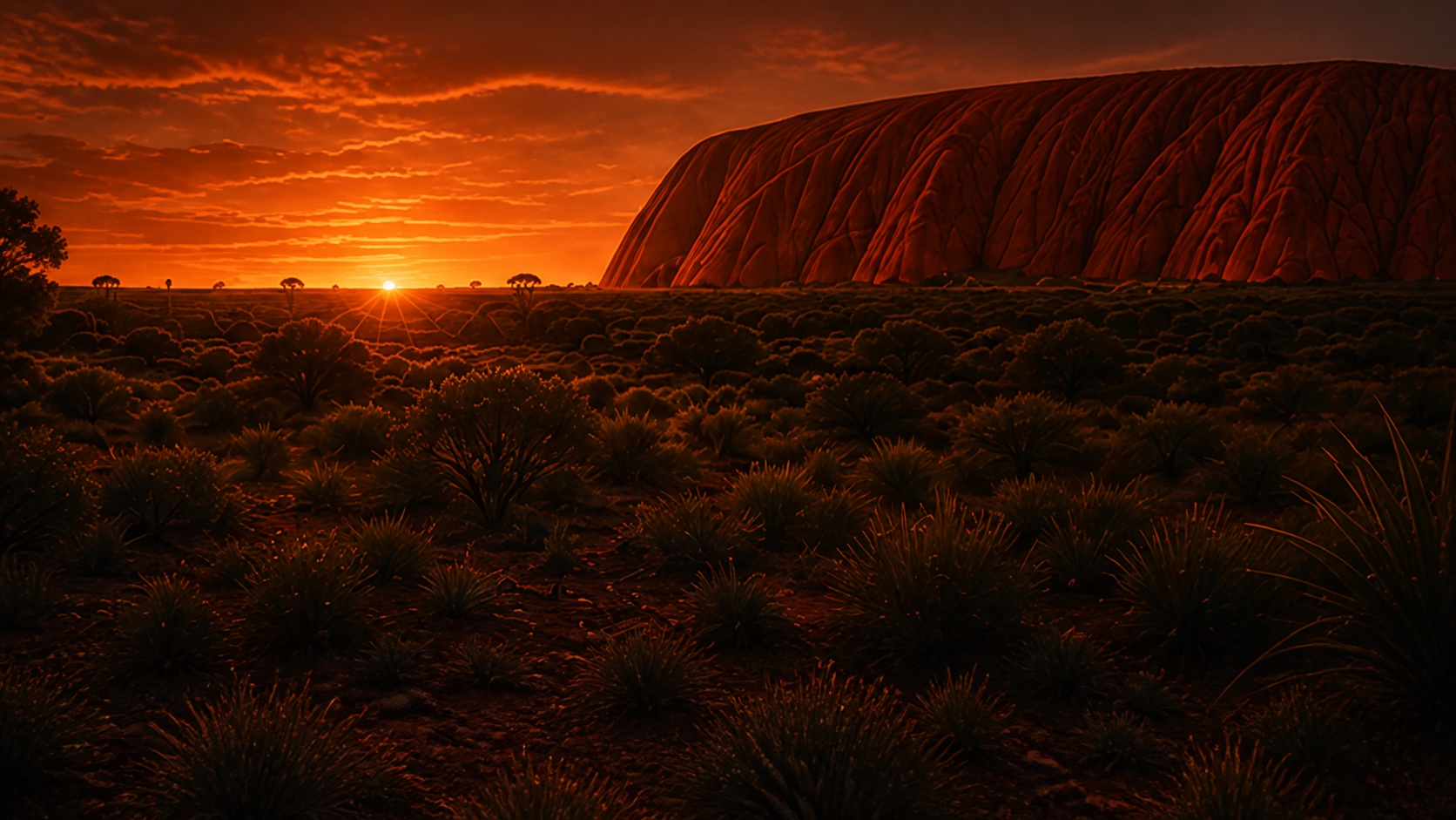Uluru at sunset across dark desert scrub